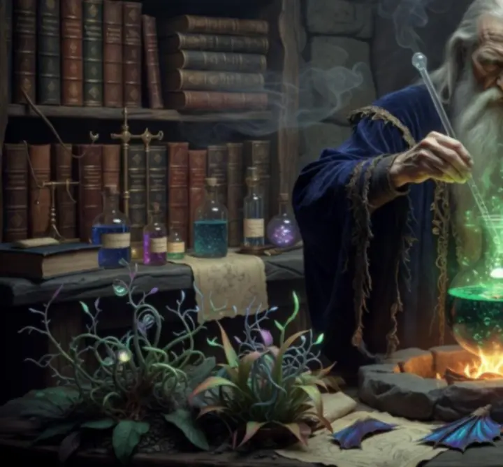 Alchemik Zakazanych Eliksirów przygotowujący świecącą miksturę w pracowni