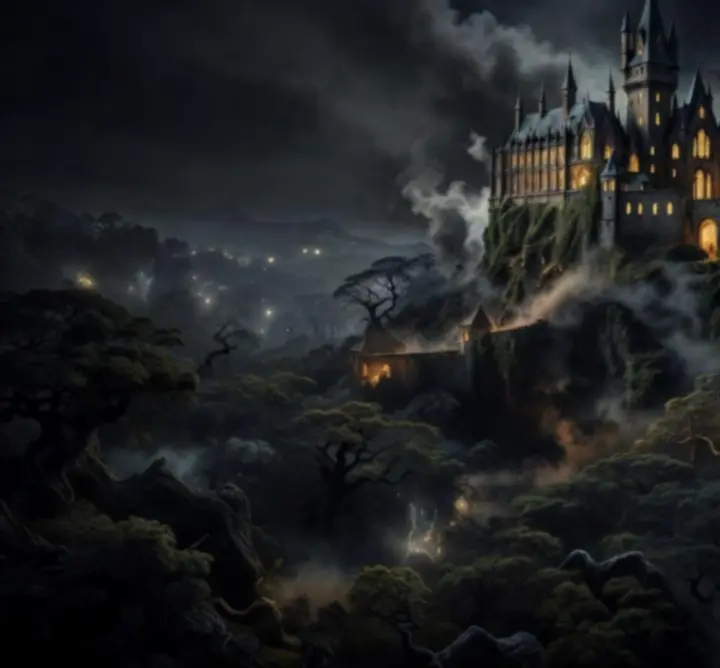 Nocny krajobraz fantastycznego zamku otoczonego górami i magicznym światłem